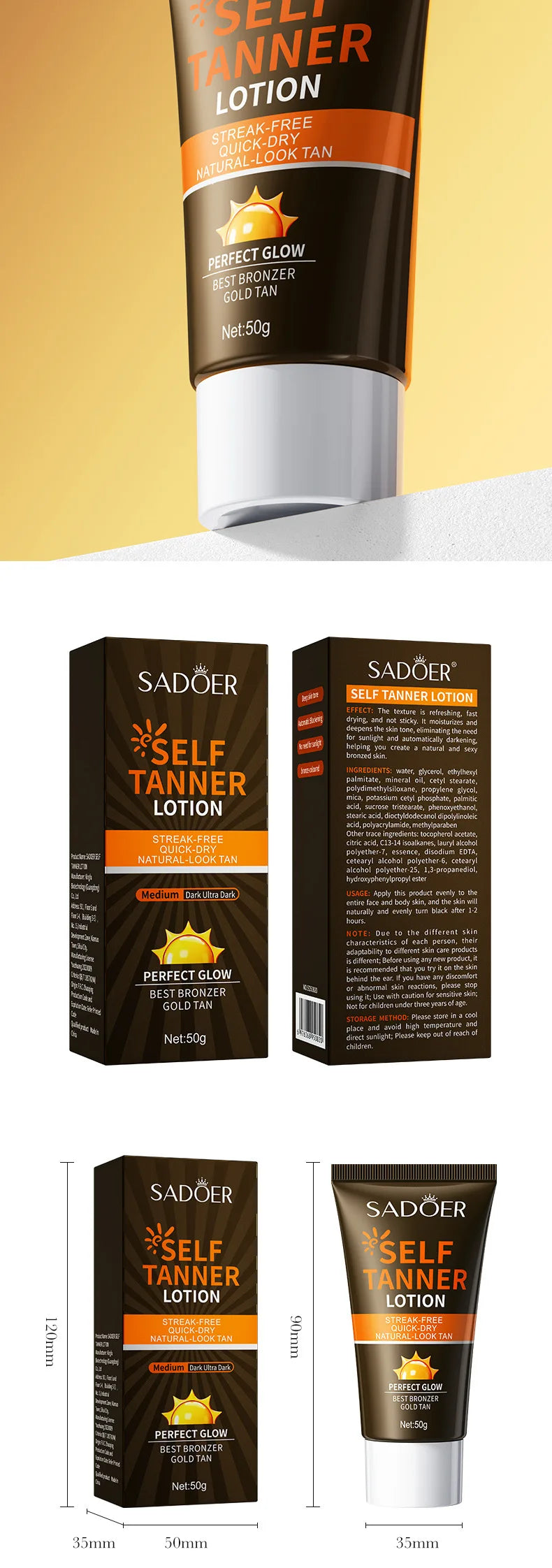 SADOER-loción autobronceadora corporal, crema protectora solar para bronceado, cuerpo, cuello, cara, tono de piel profundo, Protector hidratante, bloqueador Solar