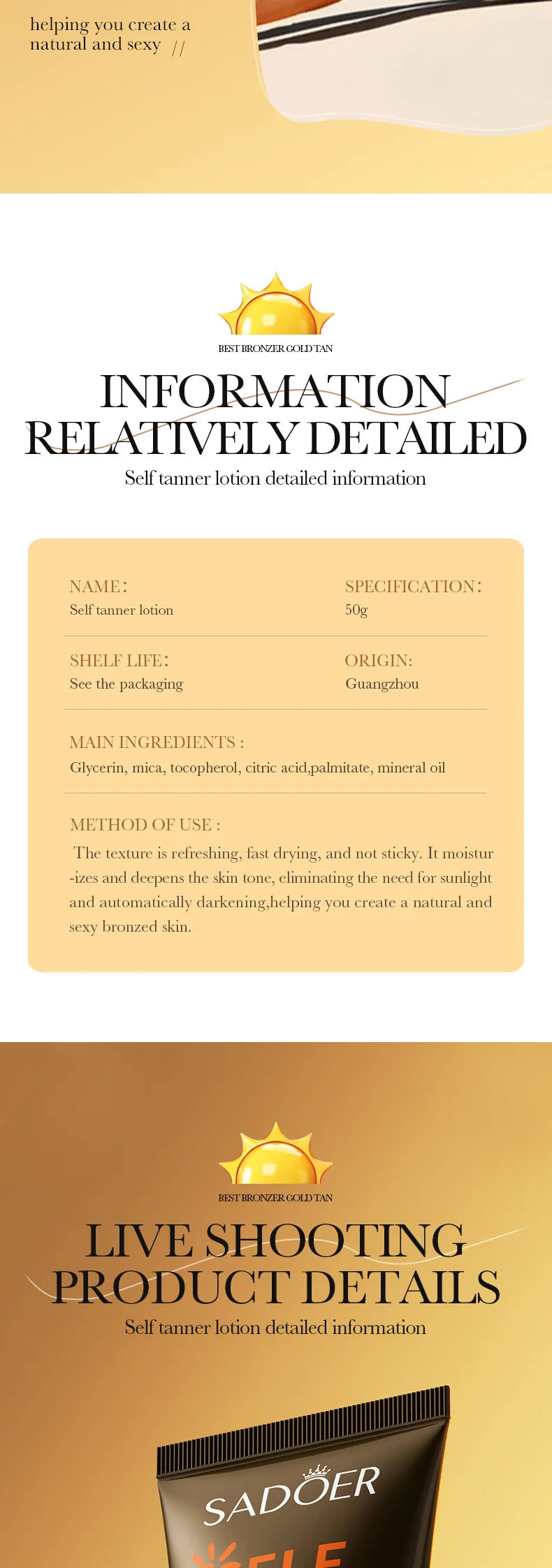 SADOER-loción autobronceadora corporal, crema protectora solar para bronceado, cuerpo, cuello, cara, tono de piel profundo, Protector hidratante, bloqueador Solar