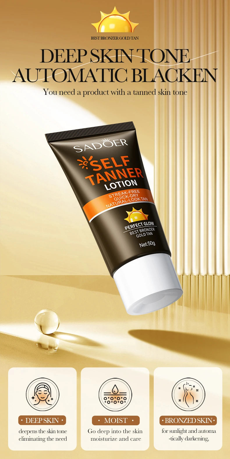 SADOER-loción autobronceadora corporal, crema protectora solar para bronceado, cuerpo, cuello, cara, tono de piel profundo, Protector hidratante, bloqueador Solar